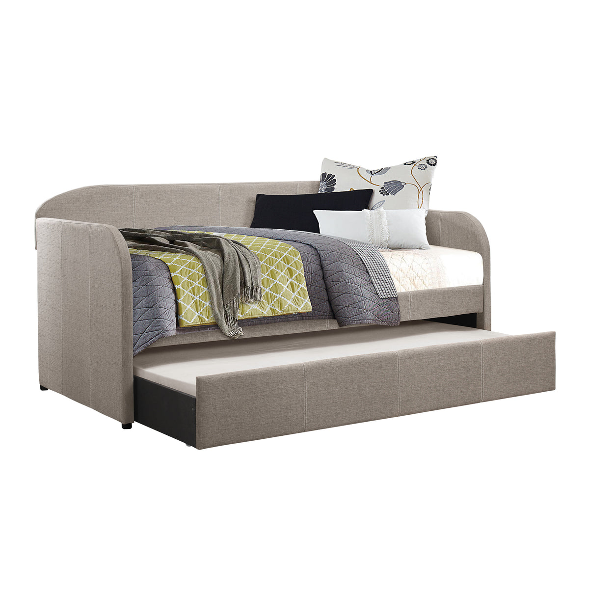 Modern Design Daybed Gray Fabric Upholstery Arch Shaped Back Panel Modern Home Furniture 1pc Pull-out Trundle Bed with Casters