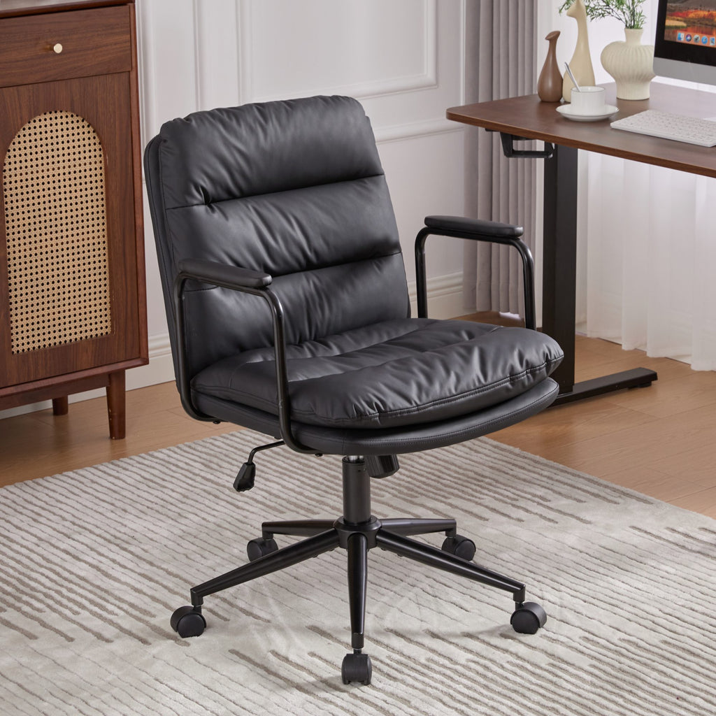 Office Chair,Mid Back Home Office Desk Task Chair with Wheels and Arms Ergonomic PU Leather Computer Rolling Swivel Chair with Padded Armrest,The back of the chair can recline 40° (Black),SW1741BK