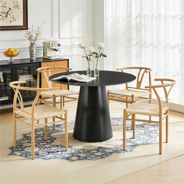 Table and chair set. A 42 inch rock slab round table, paired with four uniquely designed dining chairs with wood coloer metal legs. The table legs are made of black density board material.