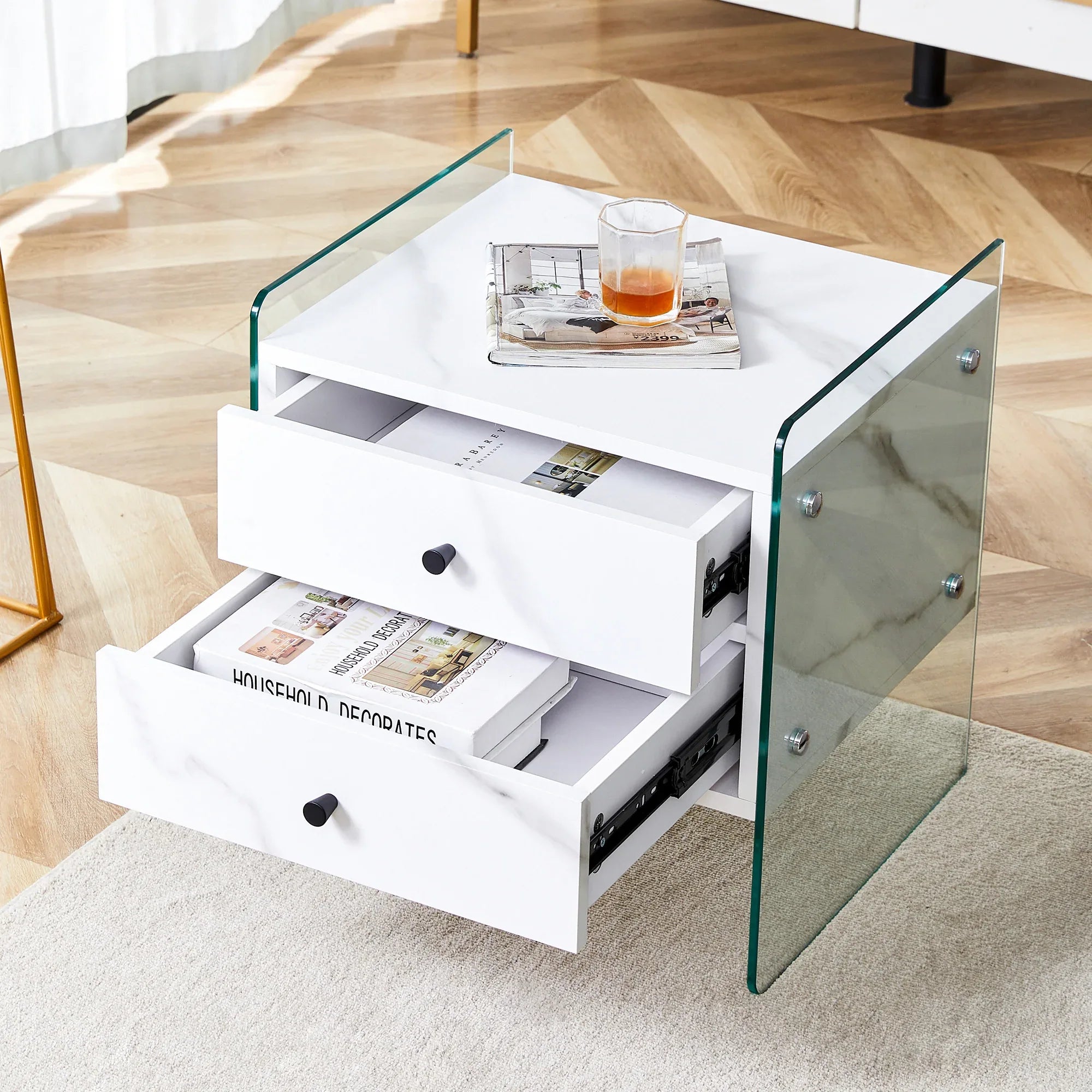 Double-drawer bedside table. The board surface is MDF sticker, and both sides are transparent tempered glass. The design is simple and elegant, with excellent storage functions. - Eloy Royal