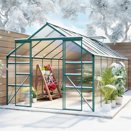 Outdoor winter Aluminum Greenhouse Polycarbonate Walk-in Garden Greenhouse Kit with Adjustable Roof Vent, Rain Gutter and Sliding Door 16' x 8'