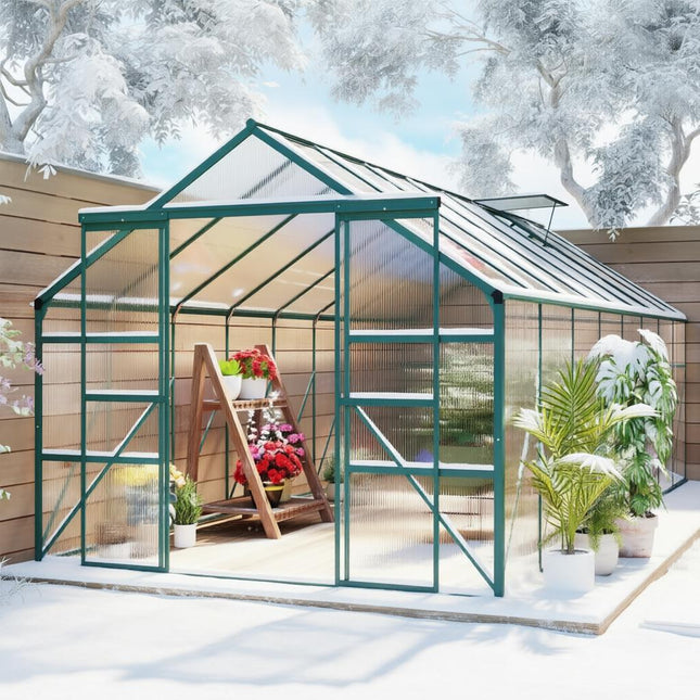 Outdoor winter Aluminum Greenhouse Polycarbonate Walk-in Garden Greenhouse Kit with Adjustable Roof Vent, Rain Gutter and Sliding Door 16' x 8'