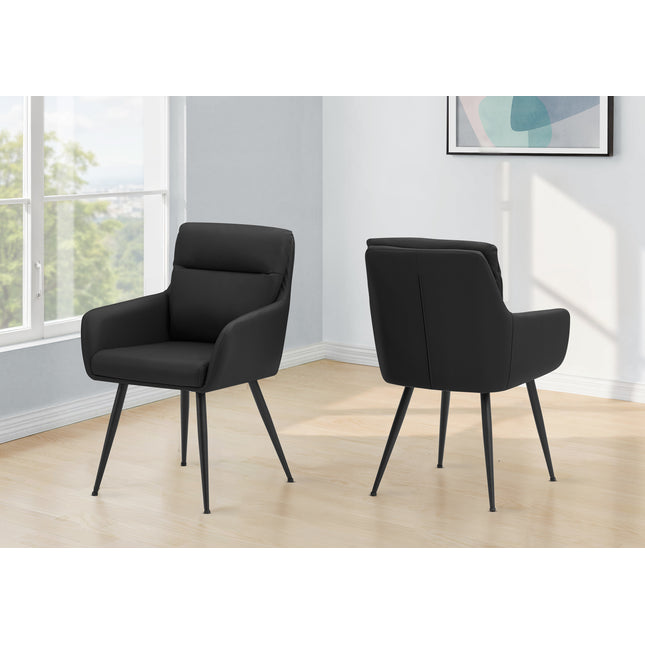 Dining Chair, 34' Height, Set Of 2, Upholstered, Side, Dining Room, Kitchen, Black Leather Look, Black Metal, Contemporary, Modern