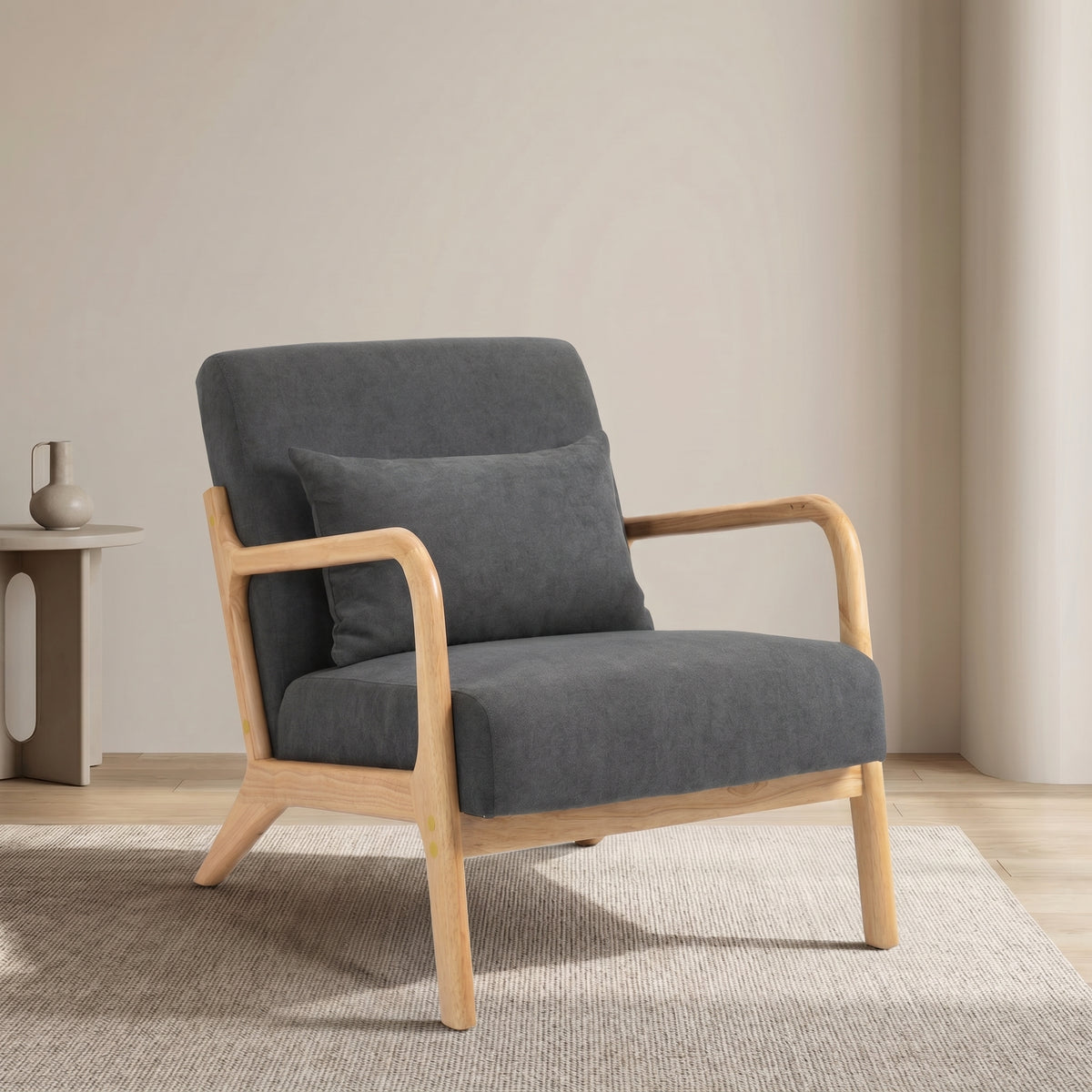 Mid Century Modern Accent Chair with Solid Wood Frame, Upholstered Living Room Chairs with Waist Cushion, Reading Armchair for Bedroom Sunroom