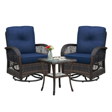 3 Pieces Conversation Set, Outdoor Wicker Rocker Swivel  Patio Bistro Set,  Rocking Chair with Glass Top Side Table,Navy Blue