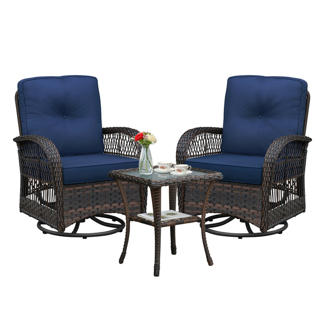 3 Pieces Conversation Set, Outdoor Wicker Rocker Swivel  Patio Bistro Set,  Rocking Chair with Glass Top Side Table,Navy Blue