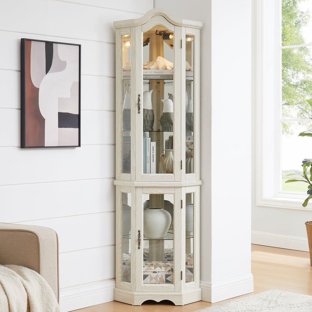 Curio Cabinet Lighted Glass Display Curio Cabinet w/Tempered Glass Doors and Shelves, Crown Corner Cabinet with Bulb, Corner Storage Decoration for Living room and Bedroom WHI