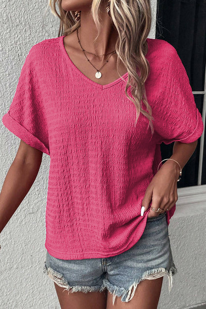 Bright Pink Textured Rolled Short Sleeve V Neck Blouse - Eloy Royal