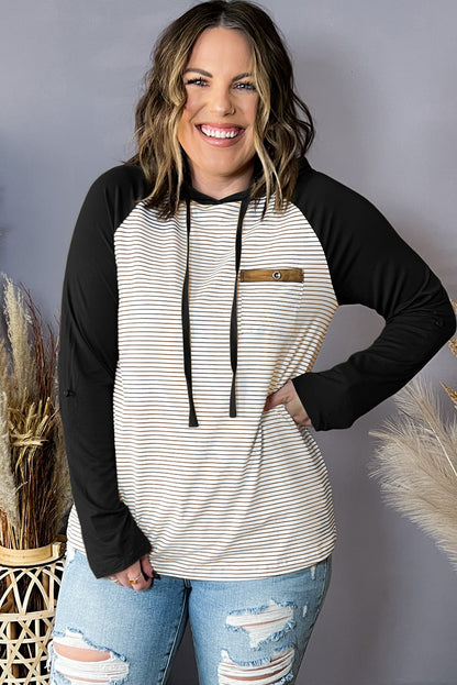 Black Striped Raglan Sleeve Pocket Plus Size Hoodie - Eloy Royal