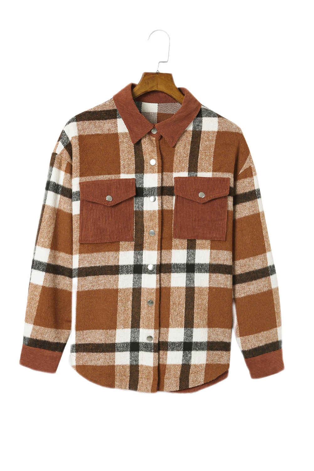 Brown Plaid Pocket Casual Buttons Up Shirt Shacket - Eloy Royal