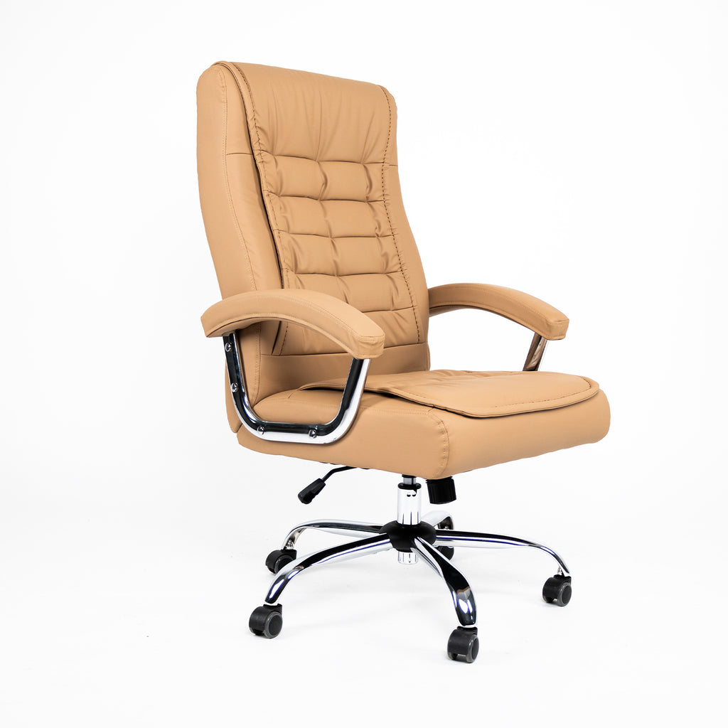 Executive Office Chair High Back PU Leather Desk Chair with Spring Seat Cushion, Ergonomic Swivel Computer Chair with Chrome Armrests, 350lbs Capacity for Home Office, Camel