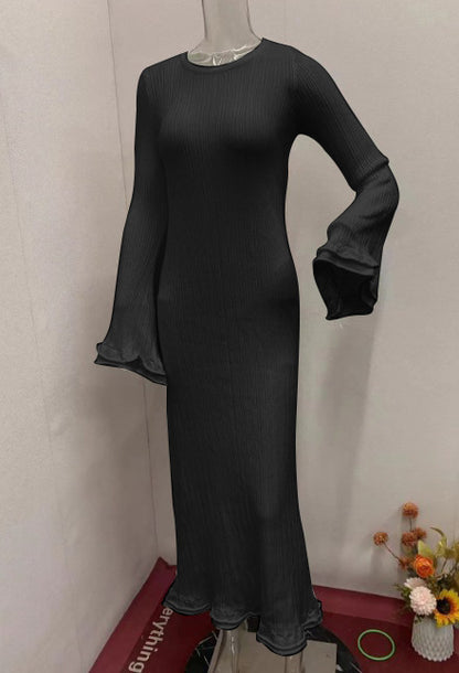 Solid Color Round Neck Long Sleeve Slim Fit Stringy Selvedge Dress