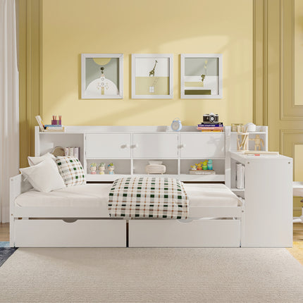 Wooden L-Shape Daybed with Seven Storage Cabinets and Two Storage Drawers with