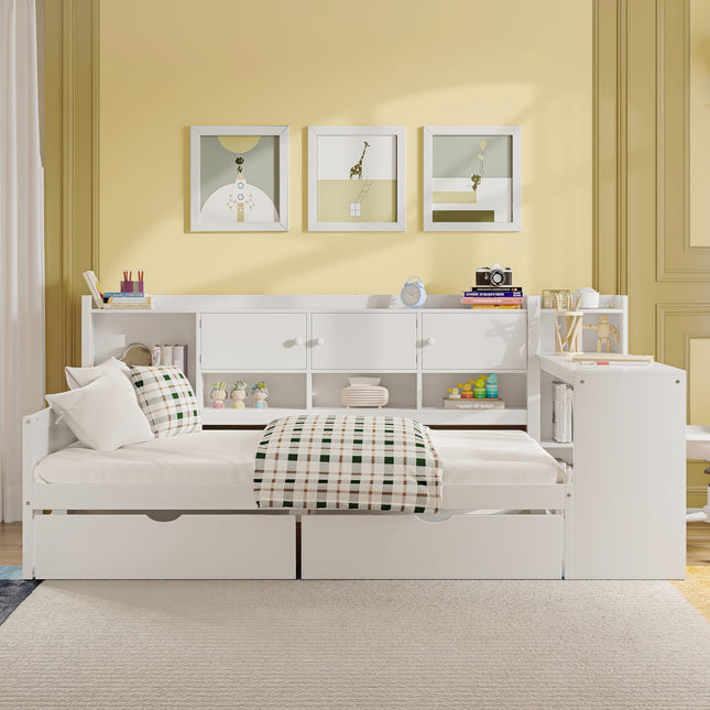 Wooden L-Shape Daybed with Seven Storage Cabinets and Two Storage Drawers with