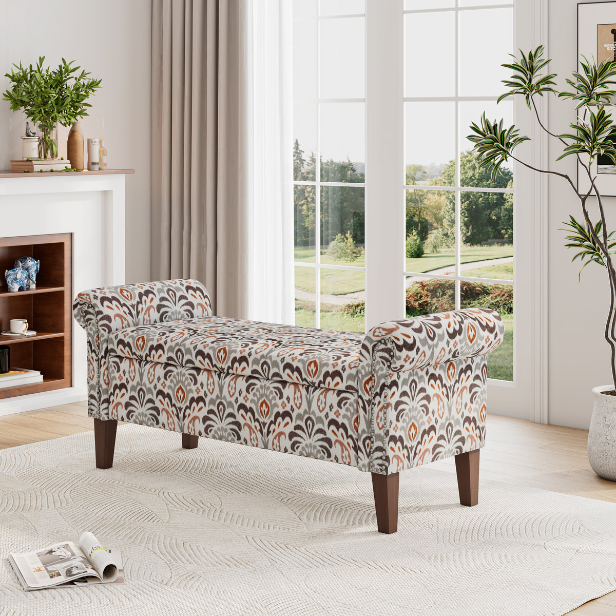 Wallen Traditional Rolled Arm Storage Bench Otttoman with Pewter Nailhead Trim in Amber Damask Pattern with Dark Brown Solid Wood Legs