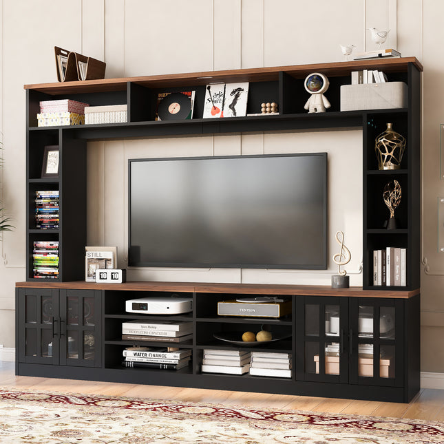 95.5' W Wall Unit Entertainment Center with Bookshelves for TVs up to 80', Modern TV Stand Media Console with Cabinets,  Tempered Glass Doors and Adjustable Shelves for Living Room