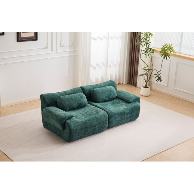 Compression Wave Sofa, Convertible Floor Sofa Bed, DIY Boneless Modular Sectional Sofa, No Assembly Required, Rabbit Velvet Fabric, 2-Seater, DARK-GREEN