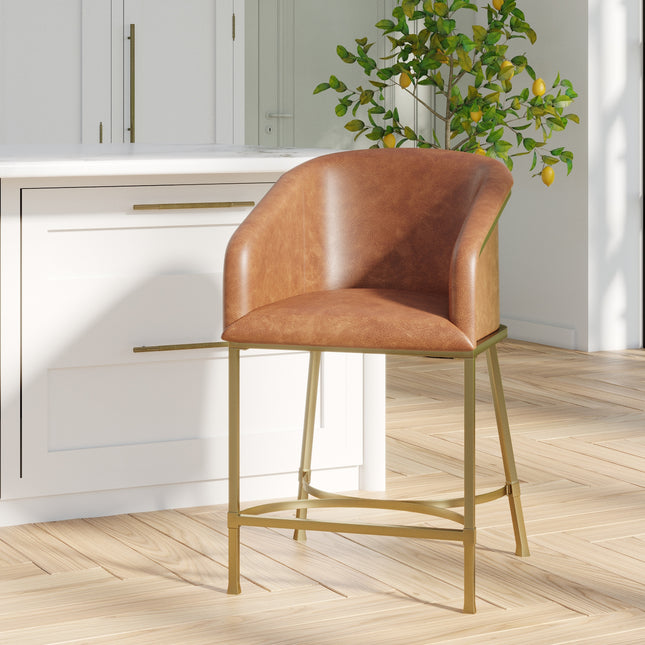 26' Modern Counter Stool,  Tobacco Brown Faux Leather & Gold Steel Frame, 1PC