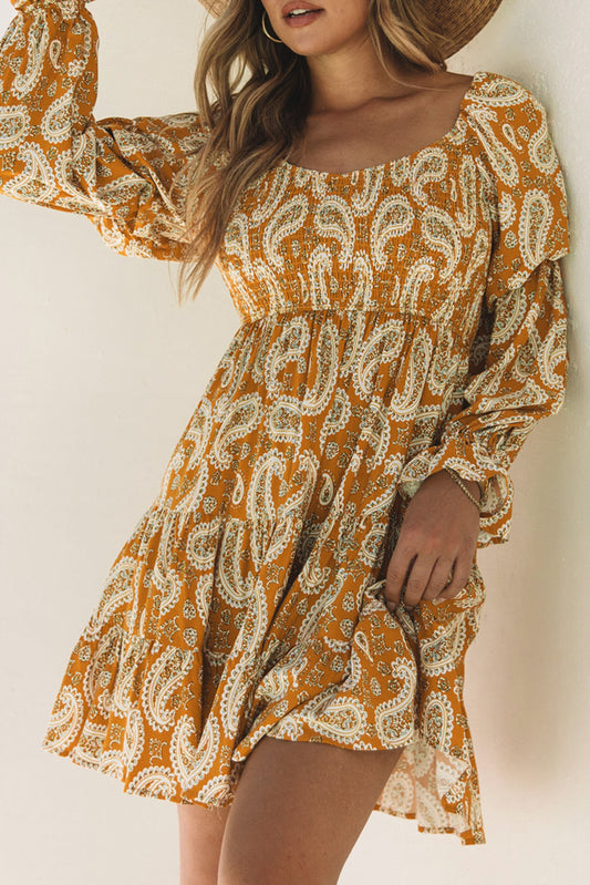 Yellow Boho Paisley Floral Print Long Sleeve Short Dress - Eloy Royal