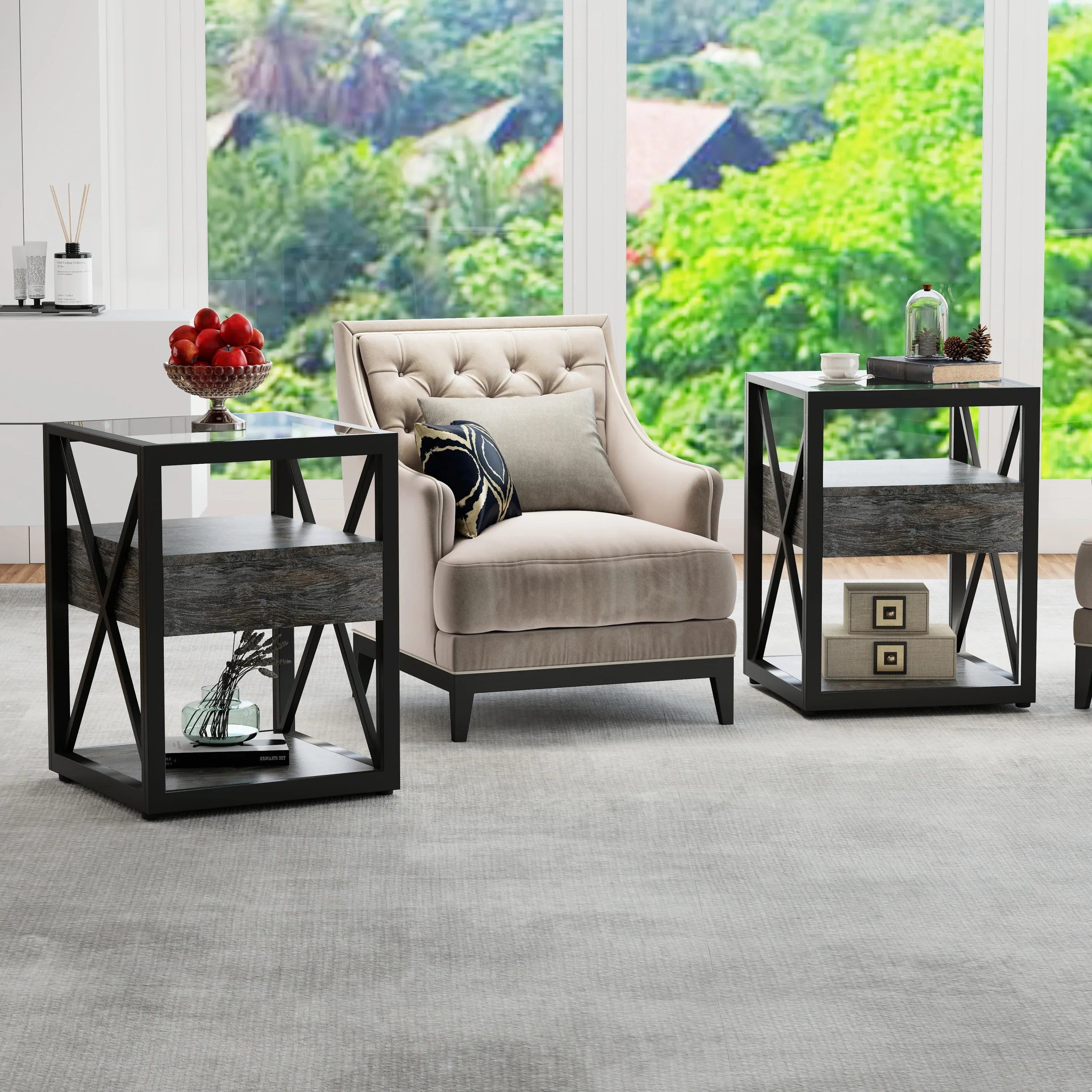 Set of 2 Modern End Table with Drawer - Nightstand for Bedroom & Living Room, Rustic Wood Grain MDF & Tempered Glass Top, Industrial Style Side Table - Eloy Royal