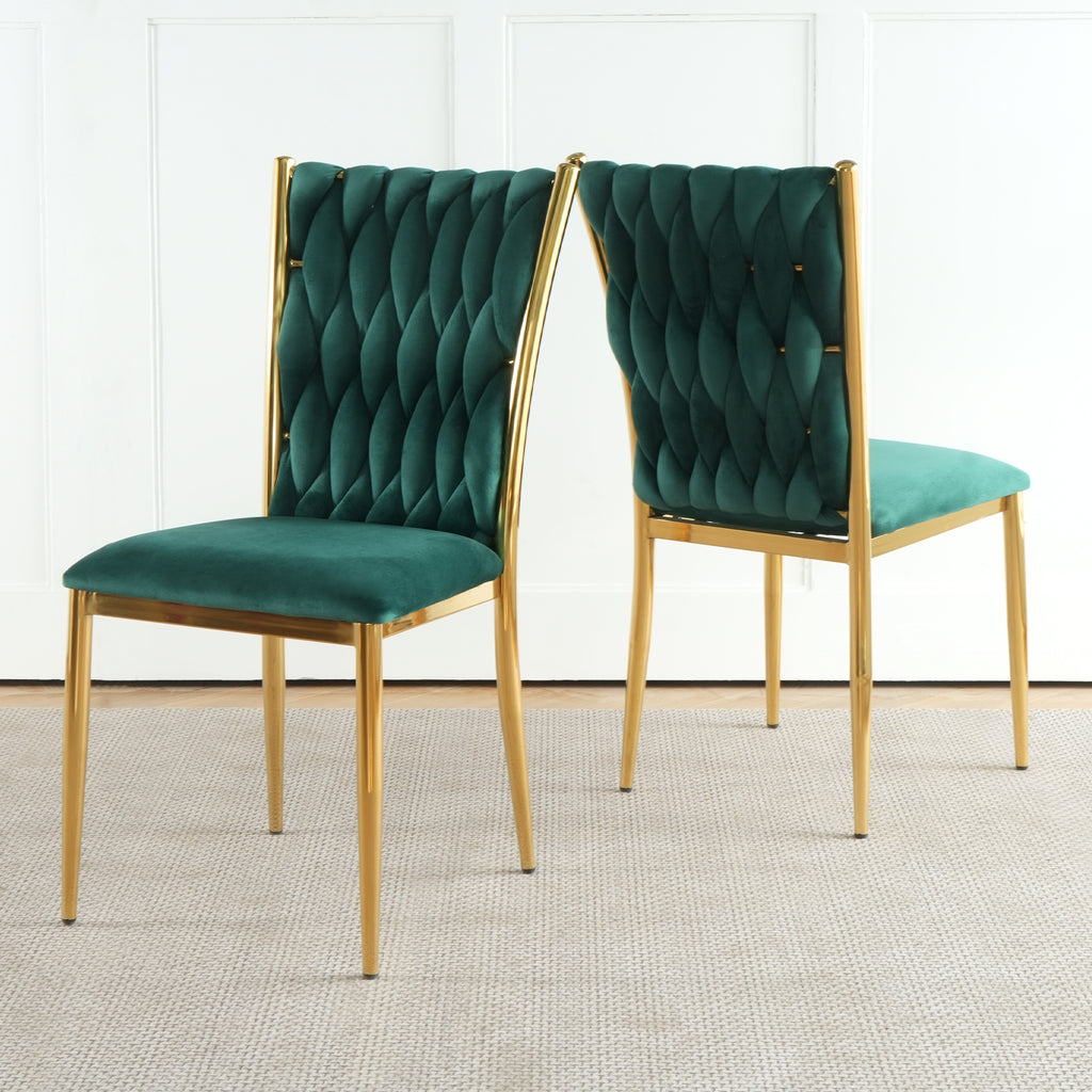 Modern simple green velvet dining chair, family bedroom stool back student table chair, gold-plated metal chair legs, suitable for dining room kitchen bedroom (set of 2)