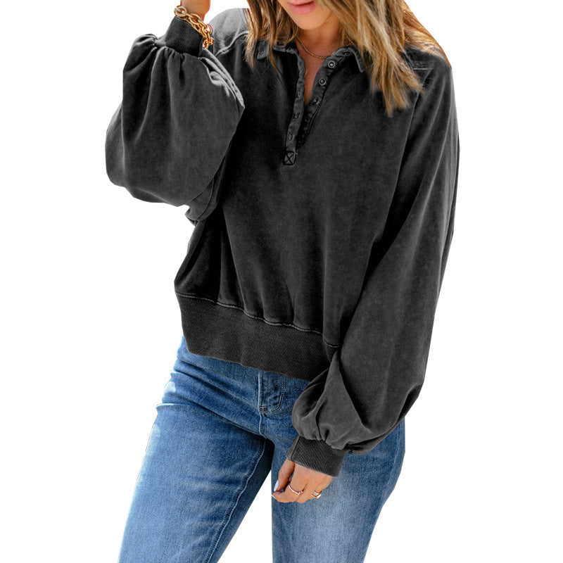 Ladies Loose V-Neck Button Solid Color Sweatshirt