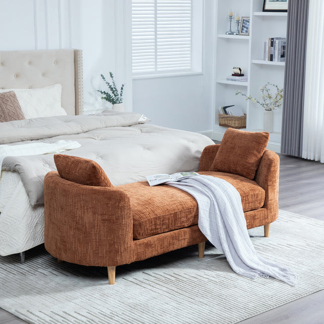 77.17' Wide Modern Upholstered End of Bed Bench with Armrests, Chenille Chaise Lounge Couch with 2 Bolster Pillows, Daybed with Rubberwood Legs For Living Room,Bedroom,Apartment,Guestroom,ORANGE