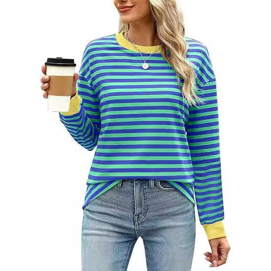 Women's Striped Pattern Round Neck Long-sleeved Sweater