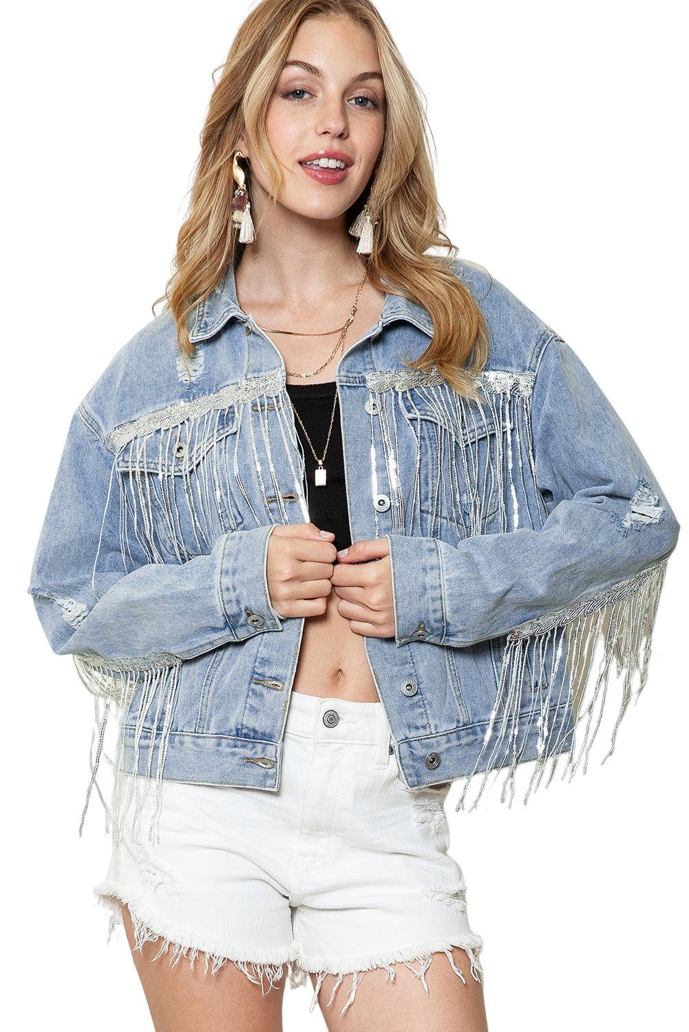 Wholesale Blue Sequined Fringe Distressed Button Up Denim Jacket - Eloy Royal