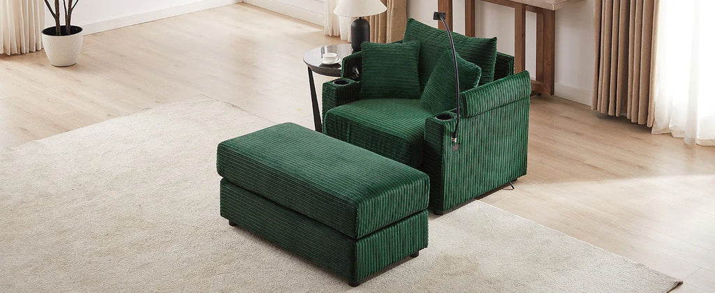 Modern Style Single Sofa Couch with Storage, USB Ports, Cup Holders, Green Corduroy - Eloy Royal