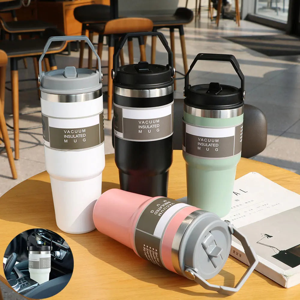 Portable Car Cup Stainless Steel Cup Travel Sports Water Bottle With Handle Cover Coffee Tumbler Cup - Eloy Royal