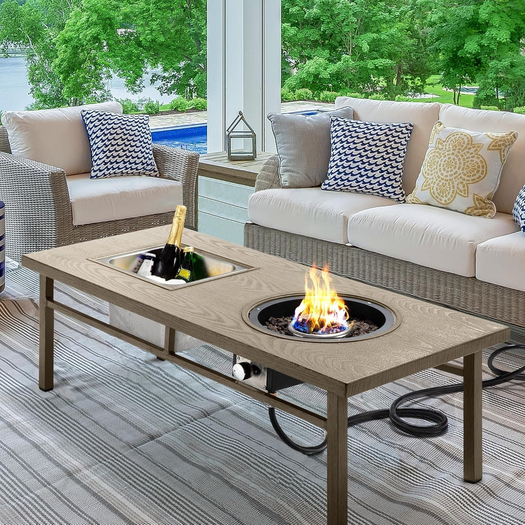 Aluminum Propane Fire Pit Table, 47' 50,000 BTU Multifunctional Fire Table with CSA Certification, 4.5 Gallons Ice Bucket, and Lava Rocks, 3-in-1 Coffee Table for Outdoor Patio, Khaki