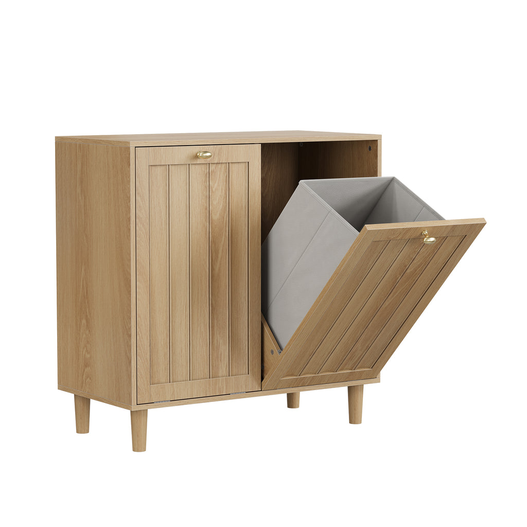 Oak Finish Sloping Laundry Basket with Removable Inner Bin, Concealed Storage Cabinet for Bathroom or Laundry Room, Freestanding MDF Household Rack