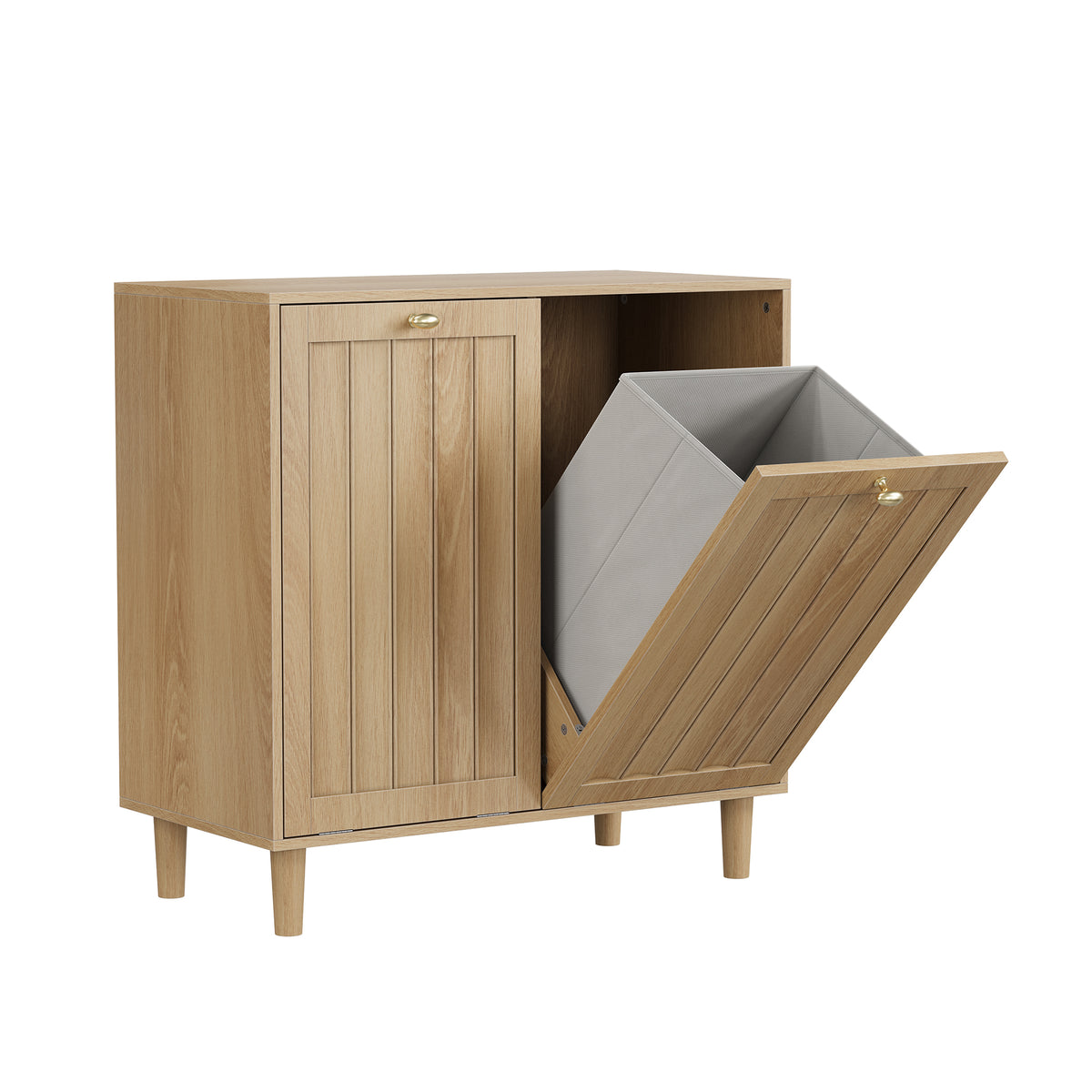 Oak Finish Sloping Laundry Basket with Removable Inner Bin, Concealed Storage Cabinet for Bathroom or Laundry Room, Freestanding MDF Household Rack
