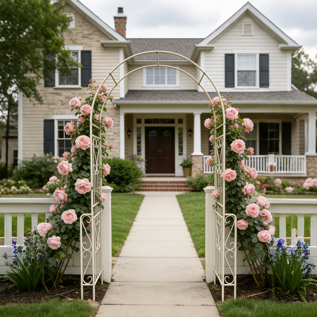 Metal Garden Arch W55'' x H94.5'' Garden Arbor Trellis Climbing Plants Support Rose Arch Outdoor Arch Cream White