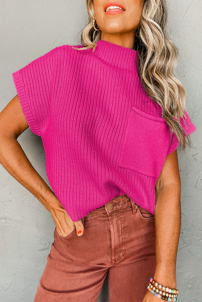 Pink Patch Pocket Ribbed Knit Short Sleeve Sweater