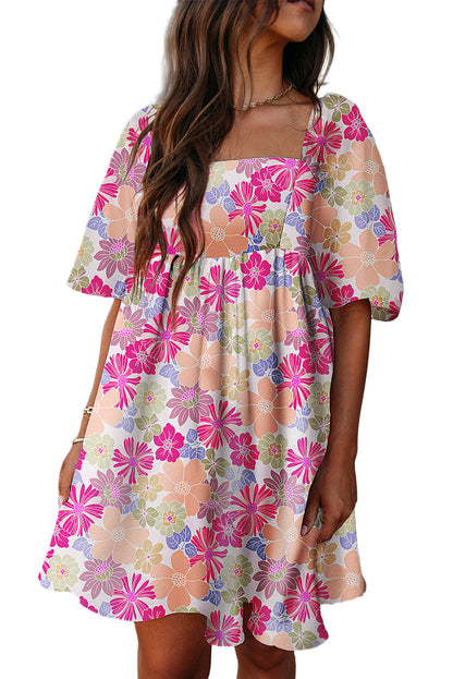 Rose Summer Floral Square Neck Puff Sleeve Babydoll Dress - Eloy Royal