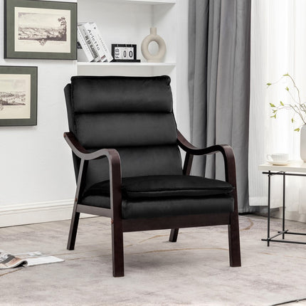 Mid-Century Modern Black Accent Chair with Wood Armrest, Upholstered Reading Chair for Living Room Bedroom