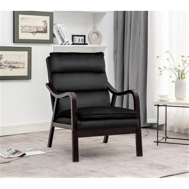 Mid-Century Modern Black Accent Chair with Wood Armrest, Upholstered Reading Chair for Living Room Bedroom