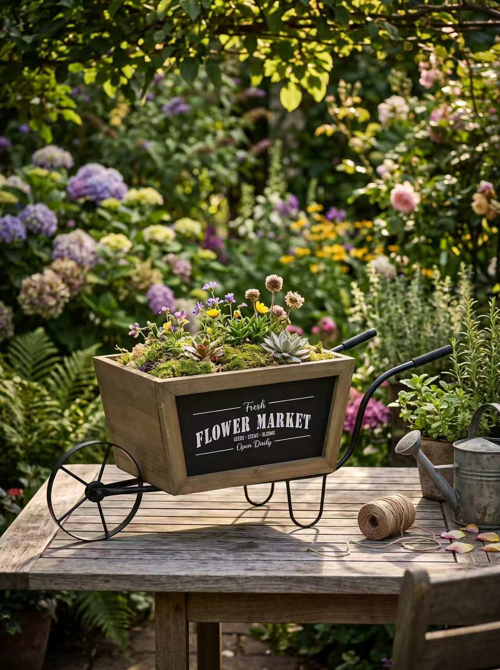 19.5x7.9x8.3' Brown Wooden Wheelbarrow Planter with Black Iron Frame