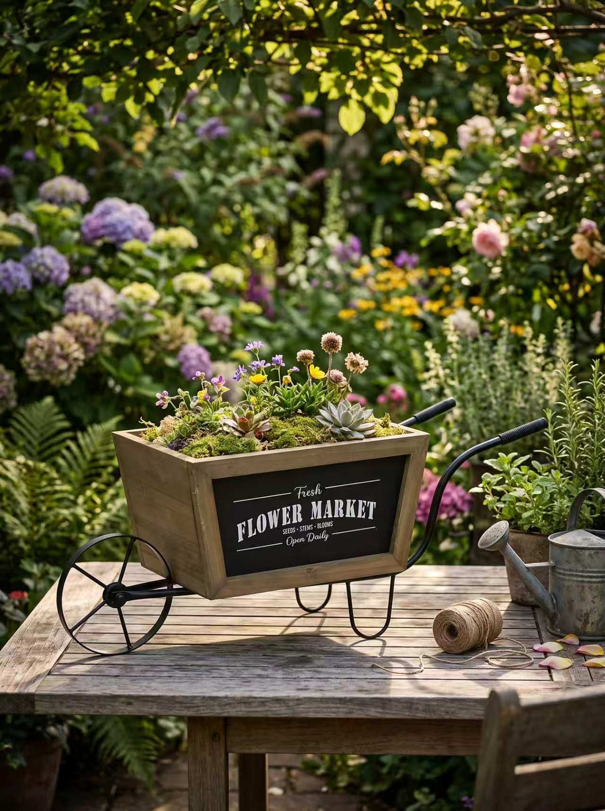 19.5x7.9x8.3' Brown Wooden Wheelbarrow Planter with Black Iron Frame