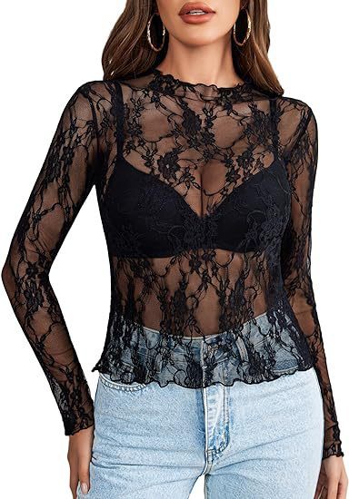 Women's Lace Blouse Long Sleeve Transparent Shirt