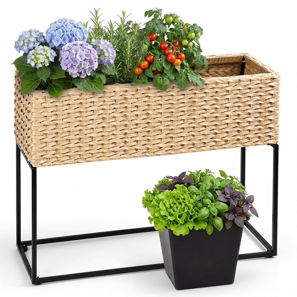 SOLHOME 29.9' Polyrattan Planter Box with Stand, Natural Resin Wicker Raised Plant Pot – Indoor Outdoor Planter with 3 PP Inserts