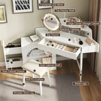 Corner Makeup Vanity Desk With Mirror & LED Lights, Modern Vanity Set With Mirror And Stool, Dressing Table With Large Storage For Small Place, Brightness Adjustable Folding Mirror, White - Eloy Royal