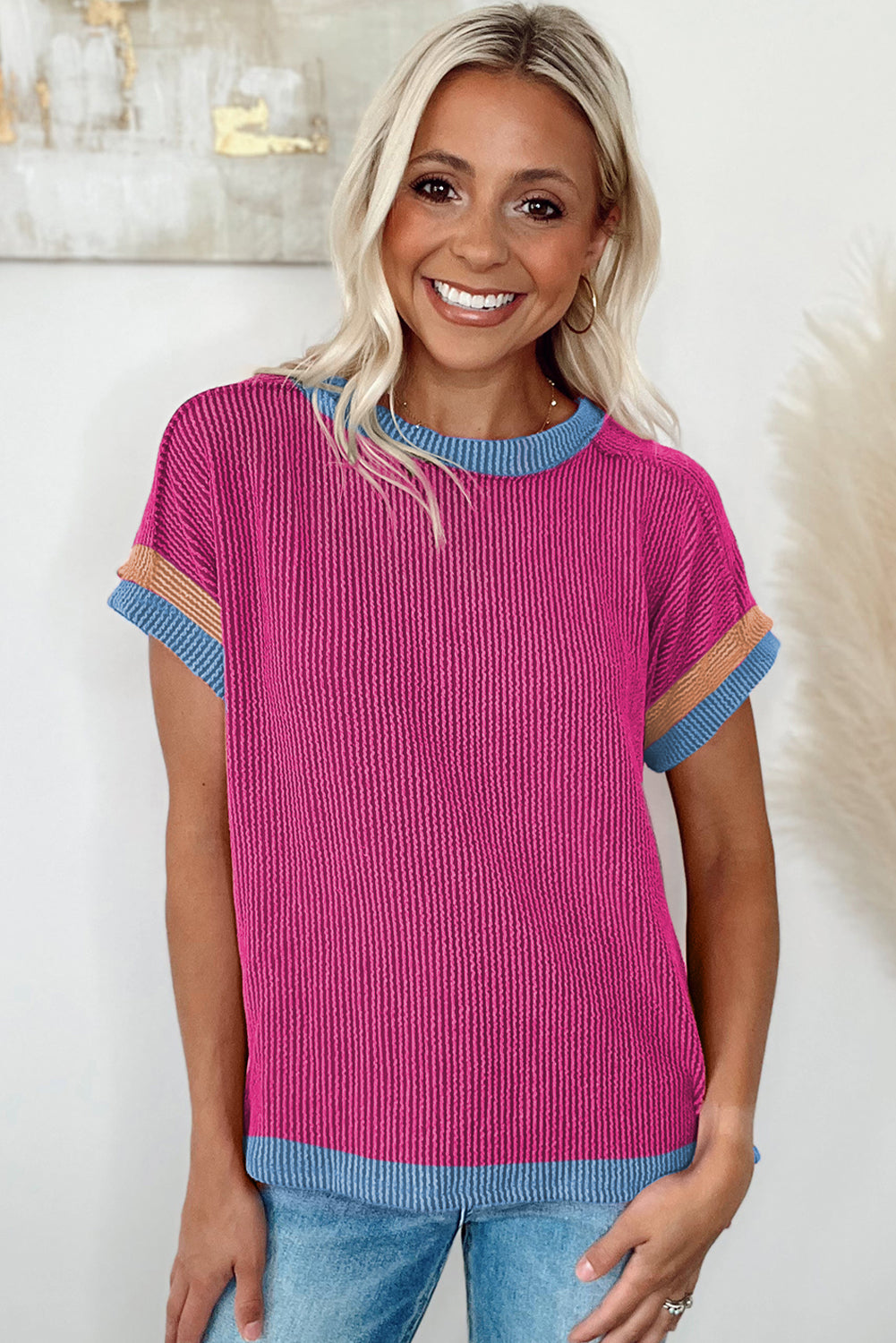 Bright Pink Textured Contrast Color Round Neck T Shirt - Eloy Royal