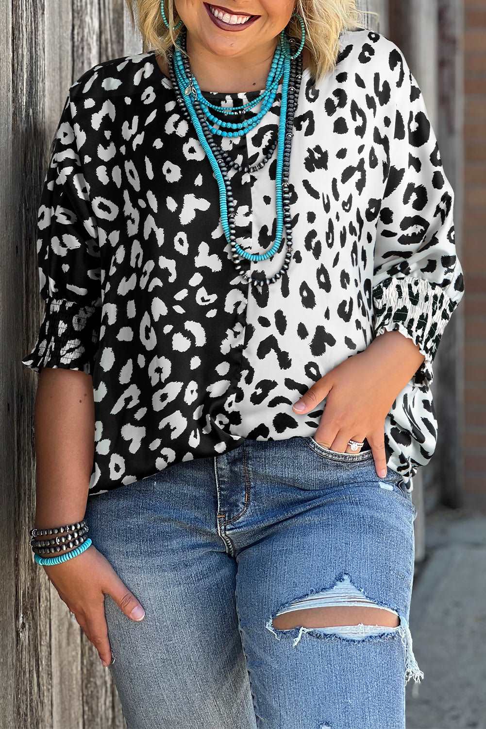 Black Plus Size Contrast Leopard Half Sleeve Blouse