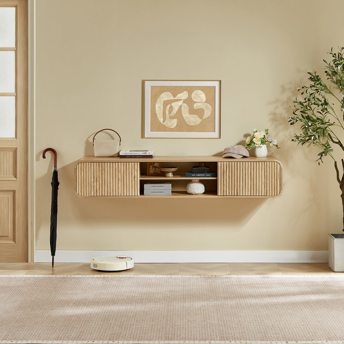 63' Wall‑Mounted TV Stand with Open Storage, Hanging Cabinet for Living Room, Bedroom & Home Use,Natural