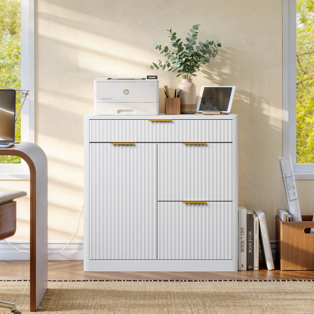 Freestanding Office File Cabinet with Built-in Tabletop Charging Station, Large Drawers, Cabinet Doors & Adjustable Inner Shelves, Multipurpose Storage Cabinet for Home & Office,White