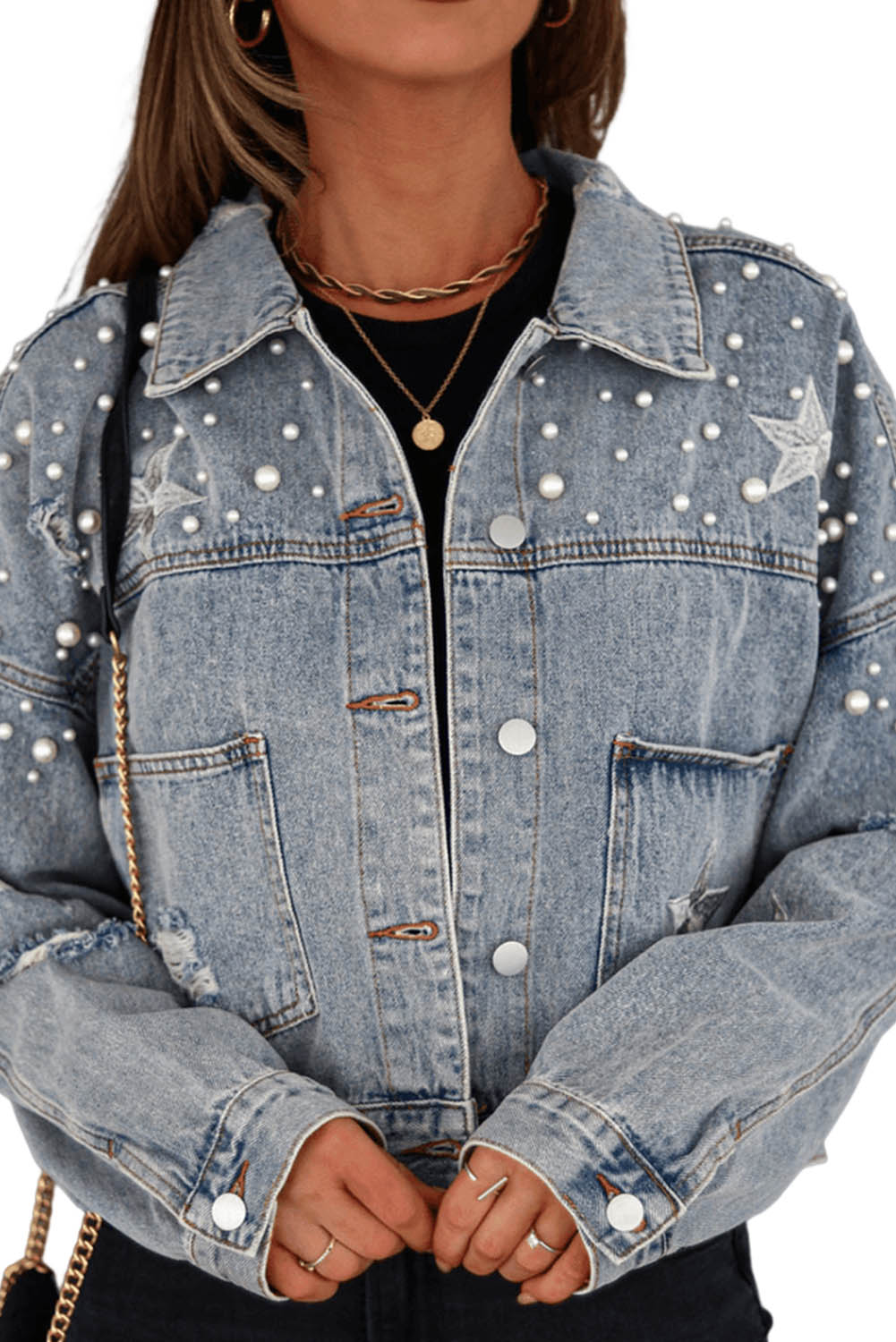 Wholesale Sky Blue Distressed Pearls Star Cropped Denim Jacket - Eloy Royal