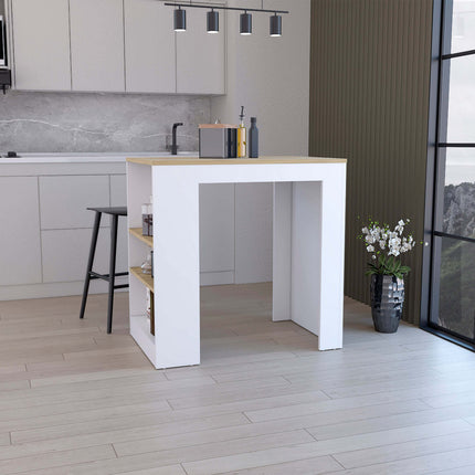 Kitchen Island, Kitchen Bar Table 36' H, with 3-Side Shelves, White / Macadamia